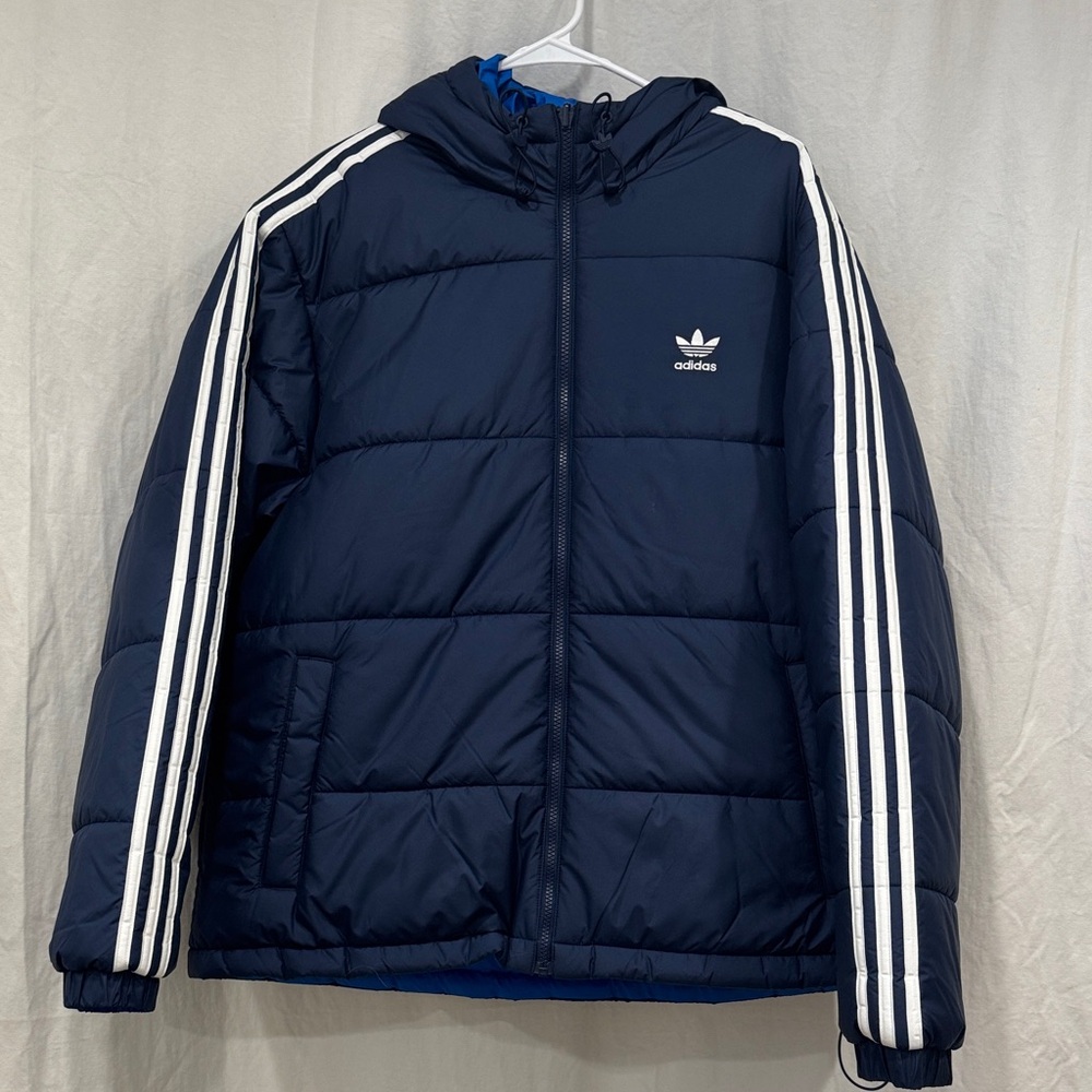 Adidas Men's Dark Blue Puffer Jacket with White Stripes